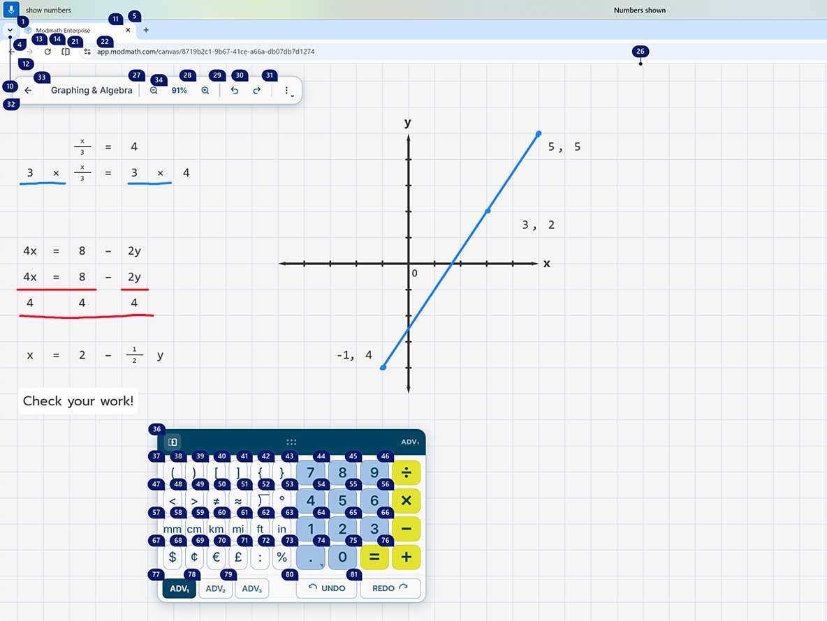 The Modmath canvas showing an algebra problem worked out step by step beside a line graphed on a coordinate plane, with the on-screen number pad.