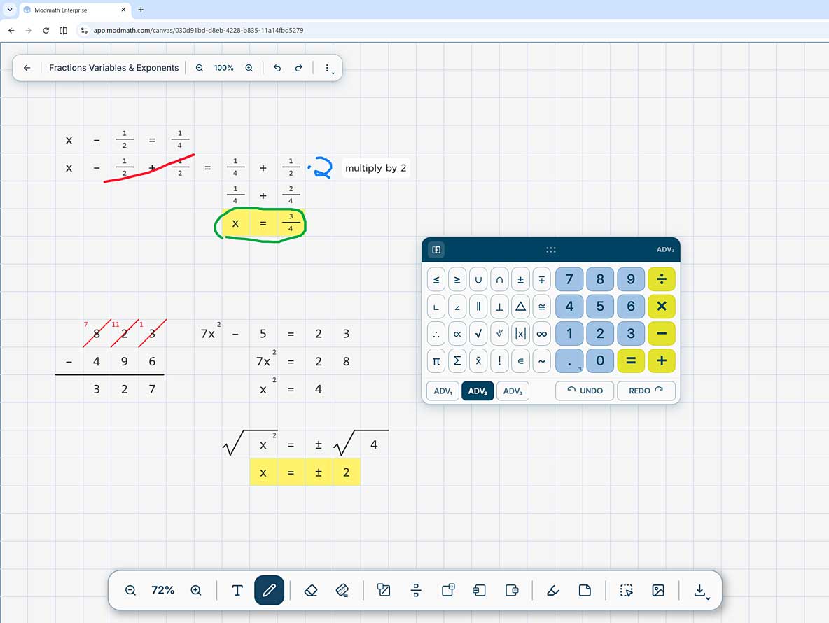 Fractions, exponents, and a square root solved on the Modmath canvas, with the advanced symbols number pad open.